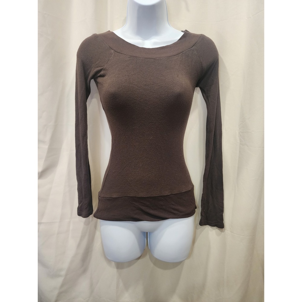 Derek Heart Ribbed Knit Long Sleeve Scoop Neck Brown Top small Y2K Grunge Earthy